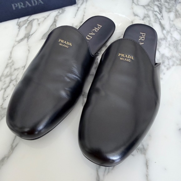 Prada Milano Black Leather Mule Slides Gold Logo Slip On Flat Shoes Mens UK6.5 main image 5